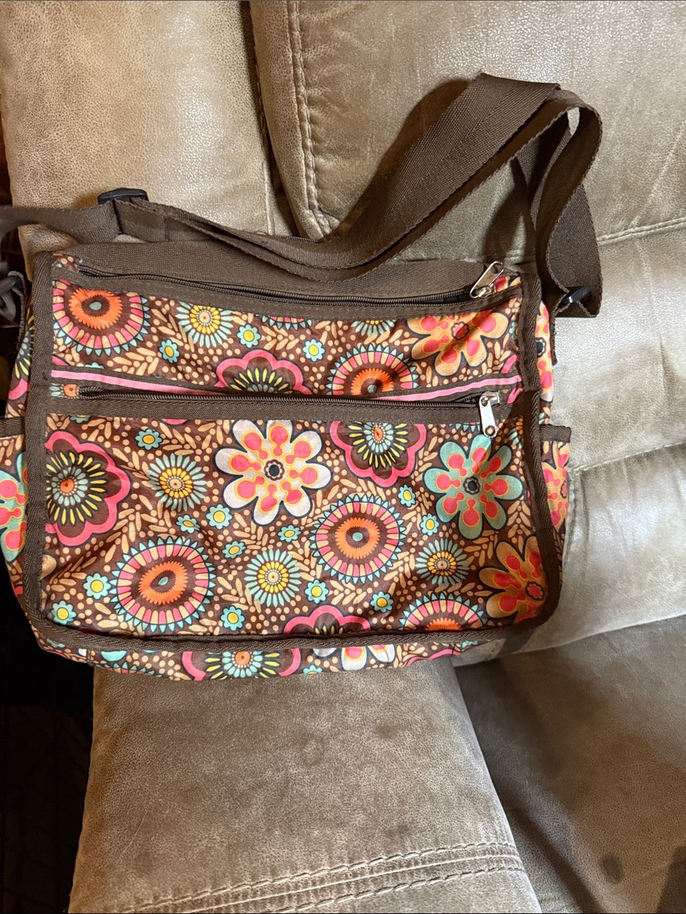 Floral Crossbody Shoulder Bag - Brown with Multicolor Floral Print
